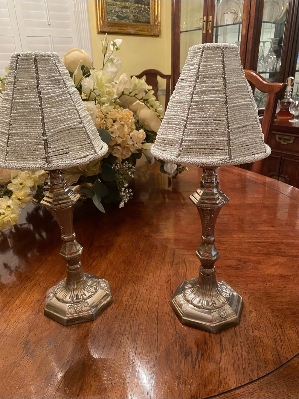 Enchanted Hime: Pair of Silver Accent Table Lamps with Cream Beaded Shades heavy